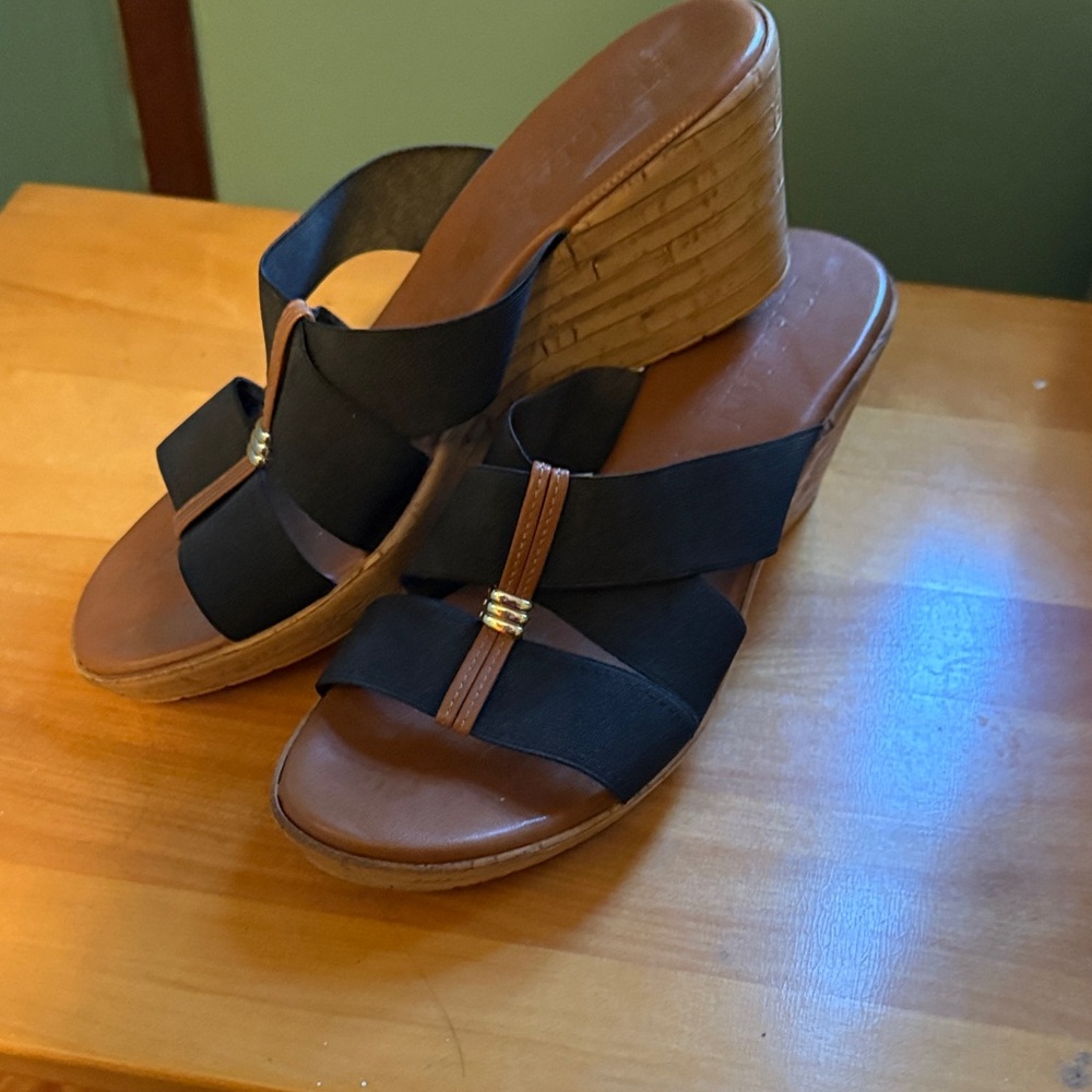 Italian Shoemakers Black and Tan Wedge Sandals